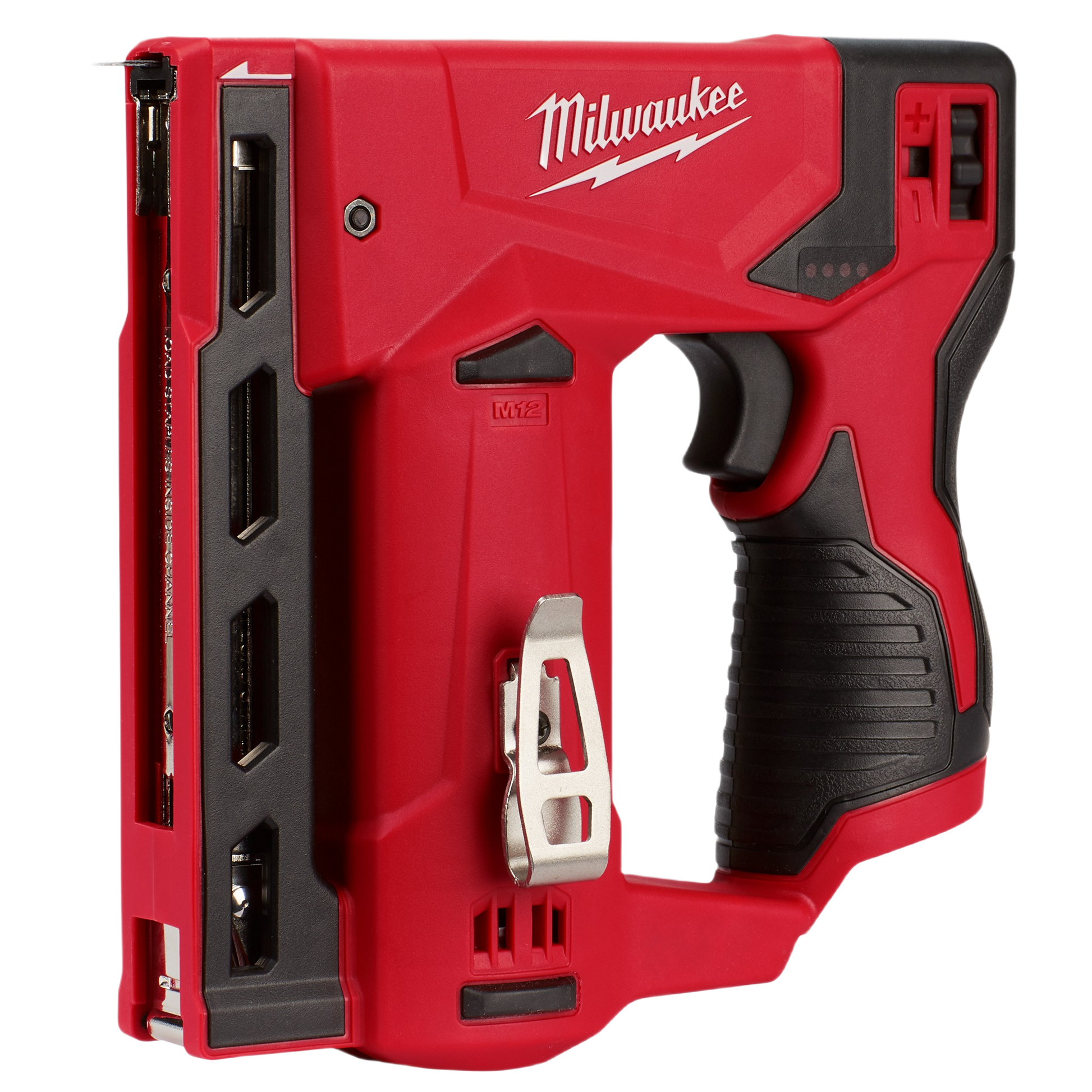 Cordless 3/8 inch crown stapler in red with ergonomic grip and compact design for home improvement tasks