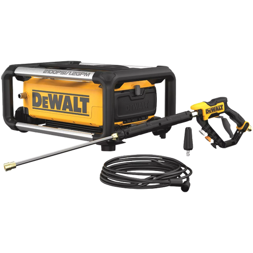 Compact DEWALT cold water electric pressure washer in yellow and black with 2100 psi, 1.2 GPM flow, hose, and spray gun for outdoor power equipment and home improvement tasks.