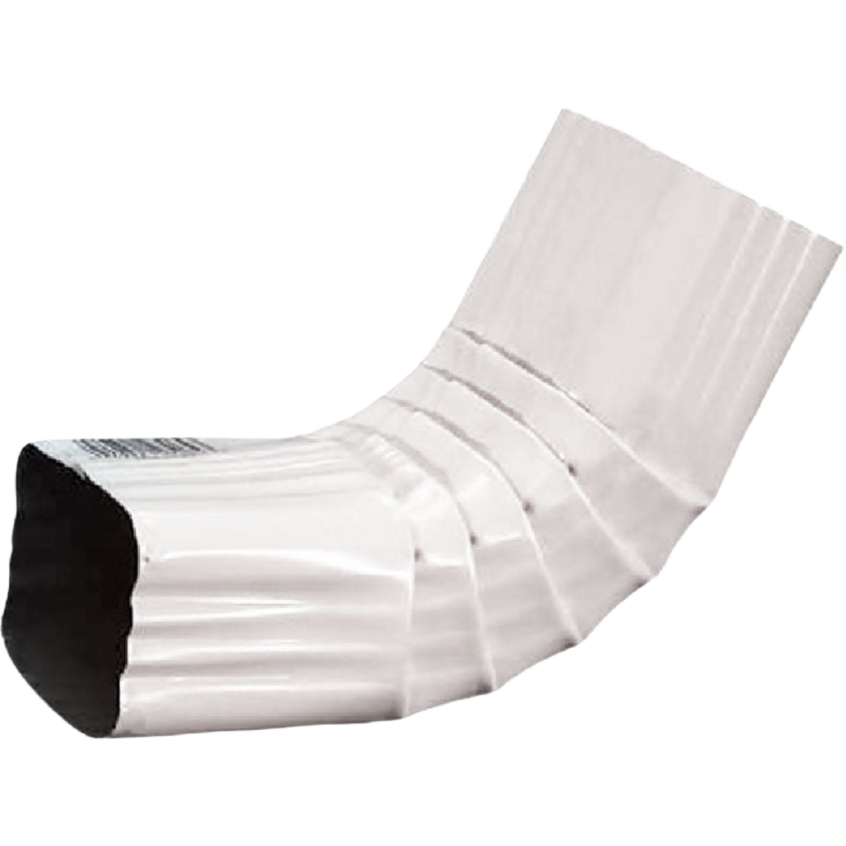 White aluminum front downspout elbow angled to redirect water flow for home improvement projects
