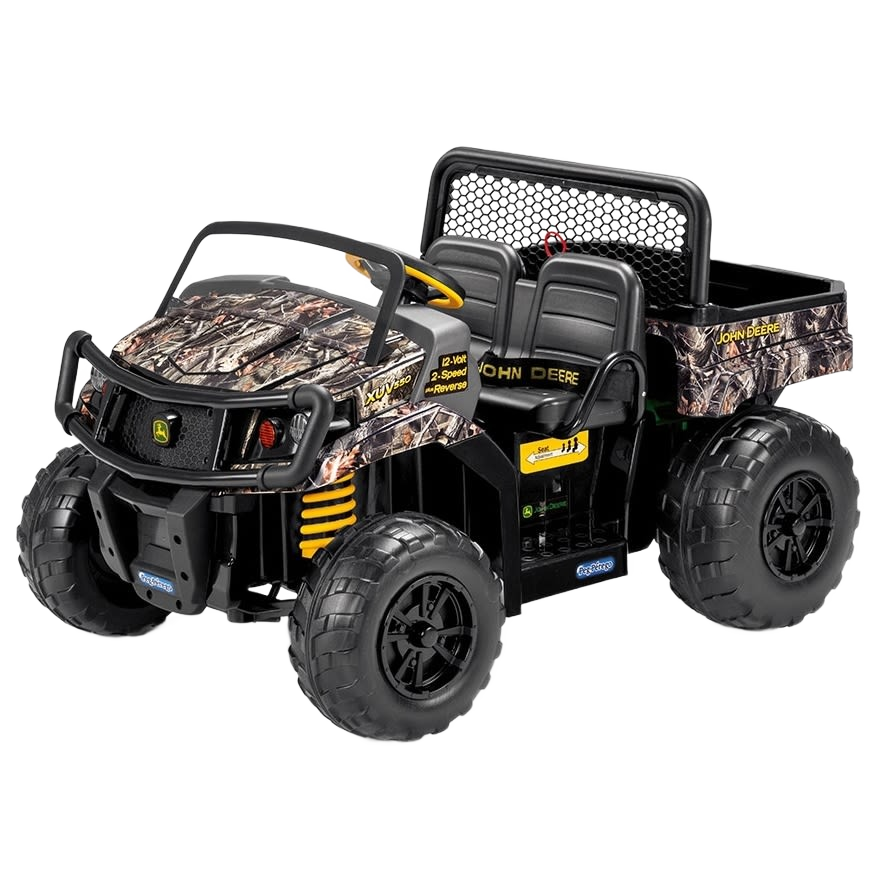 Child's ride-on 12-volt toy vehicle with camo pattern, rugged tires, and two-seat design for outdoor play
