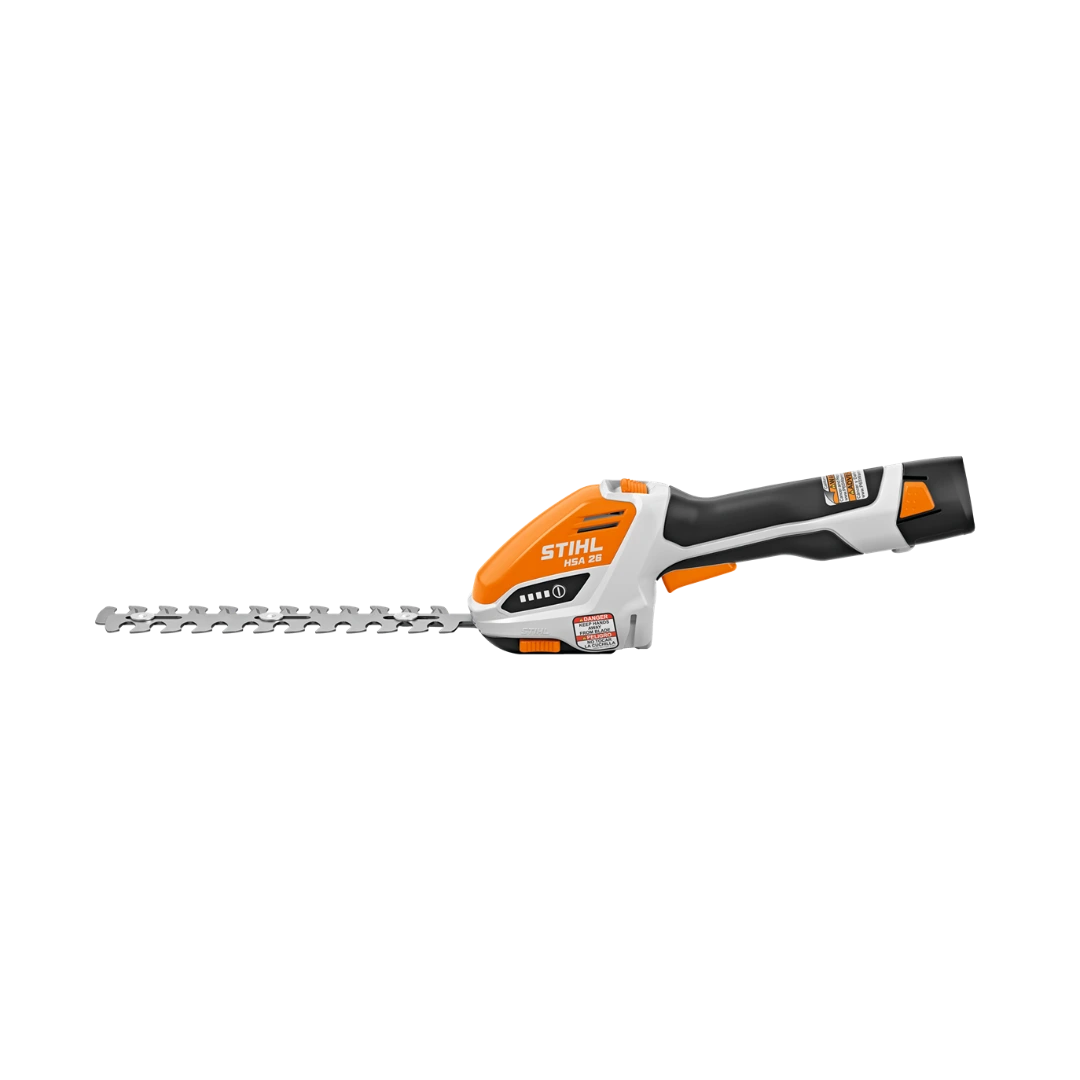 Orange and black cordless handheld hedge trimmer with battery included for home improvement and garden maintenance tasks
