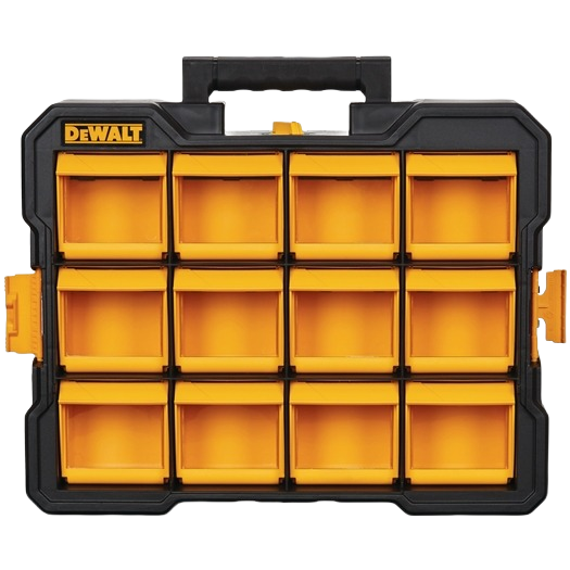 Black and yellow storage organizer with multiple flip bins for tools and home improvement accessories