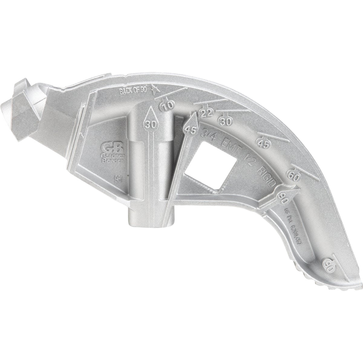 Silver metal conduit bending tool marked with degree measurements for precise bending in home improvement tasks