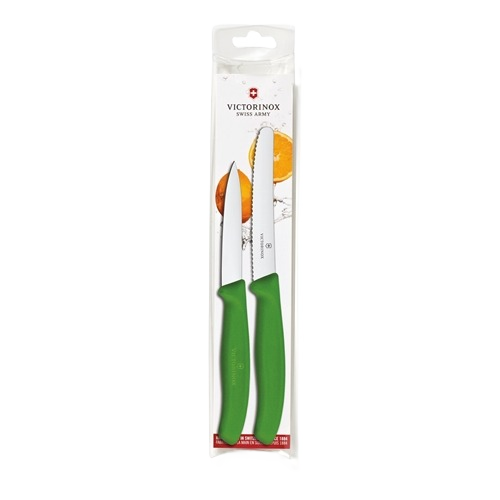 Two-piece kitchen prep set with green handles including paring and serrated utility knives in clear packaging
