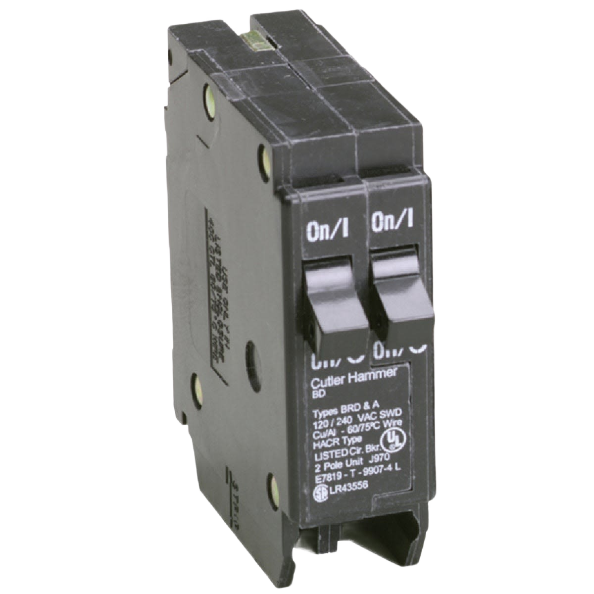 Black double-pole circuit breaker switch designed for home electrical panel use in tools and home improvement projects