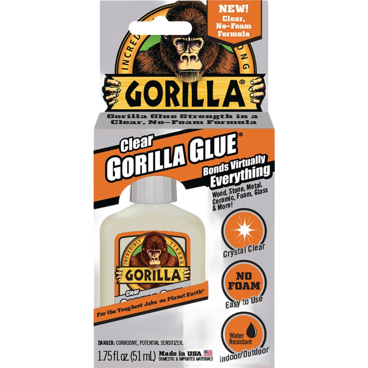 Bottle of Gorilla Clear All-Purpose Glue with no-foam formula, water resistant, ideal for home improvement and tools use