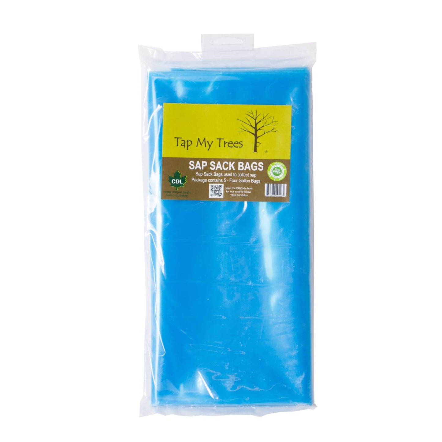 Blue plastic maple sugaring sap sack bags packaged with Tap My Trees yellow label and tree graphic