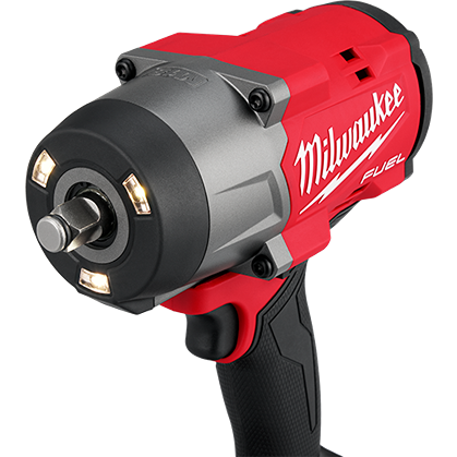 Red and black high torque cordless impact wrench with built-in LED lights for tools and home improvement use