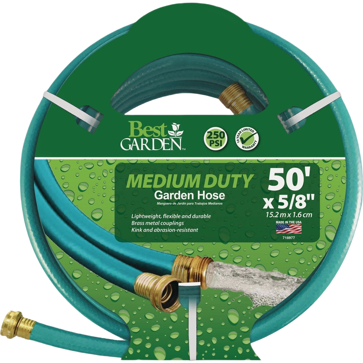 Coiled medium-duty vinyl garden hose with brass fittings and Guard-N-Grip for flexible outdoor watering tasks