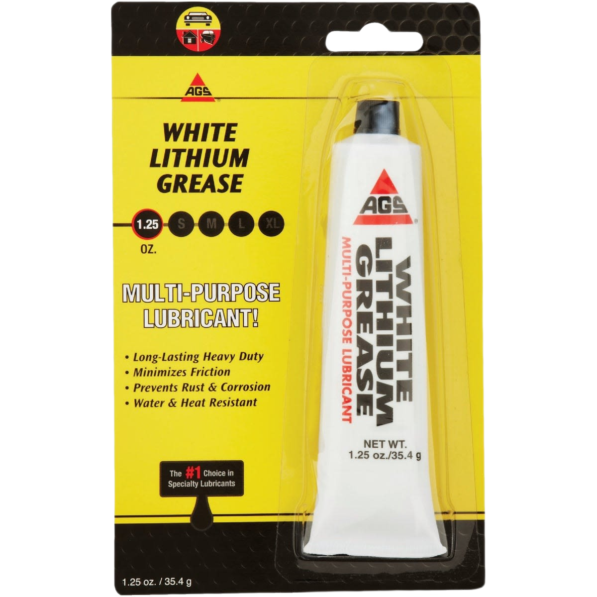 Tube of AGS multi-purpose white lithium grease lubricant in yellow and black packaging for automotive and home improvement use