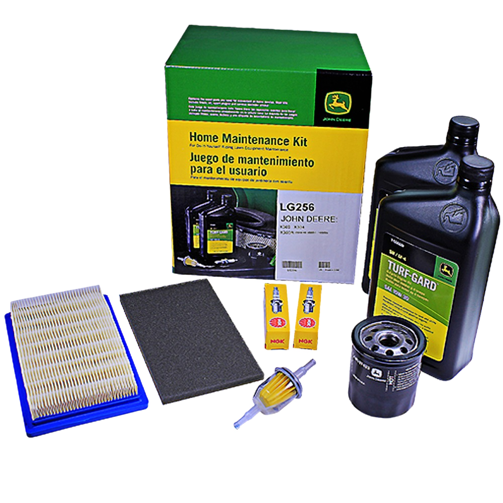 John Deere maintenance kit including oil, air filters, spark plugs, fuel filter, and oil filter for home improvement tasks