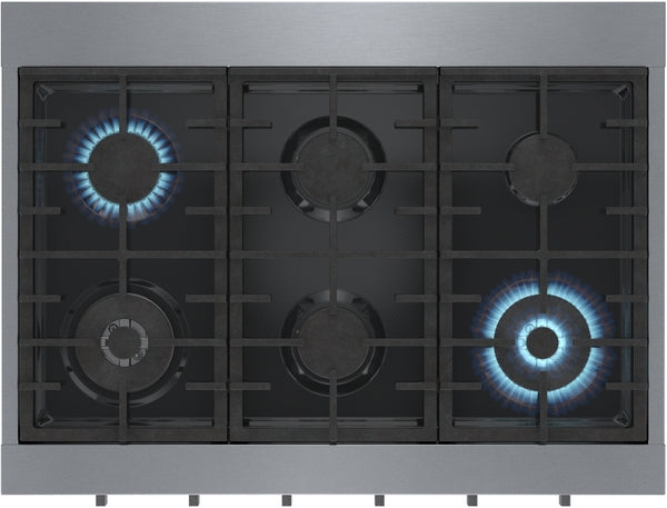 36-inch stainless steel gas cooktop featuring six burners with dual flame rings and continuous heavy-duty grates