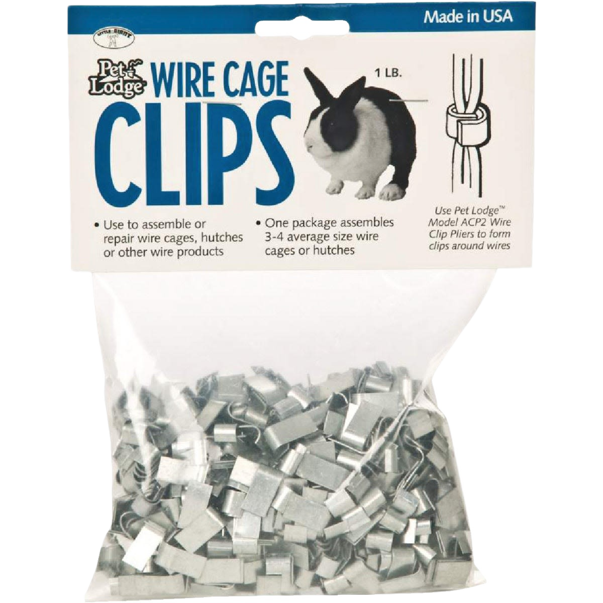 Clear plastic bag of metal wire cage clips for assembling or repairing wire cages and hutches in home improvement tasks