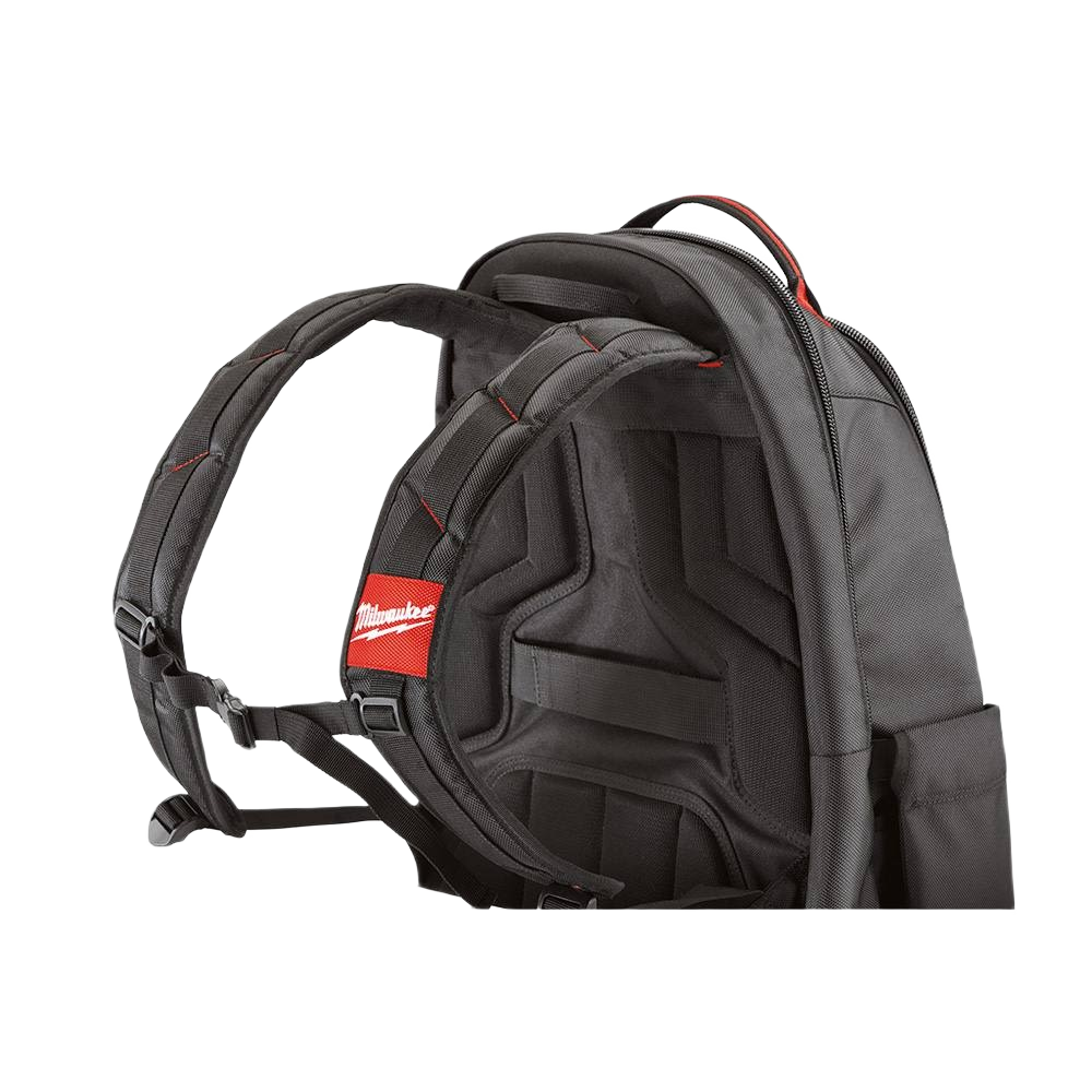 Black Milwaukee Jobsite Backpack with padded back support and ergonomic straps for comfortable tool storage and workshop use