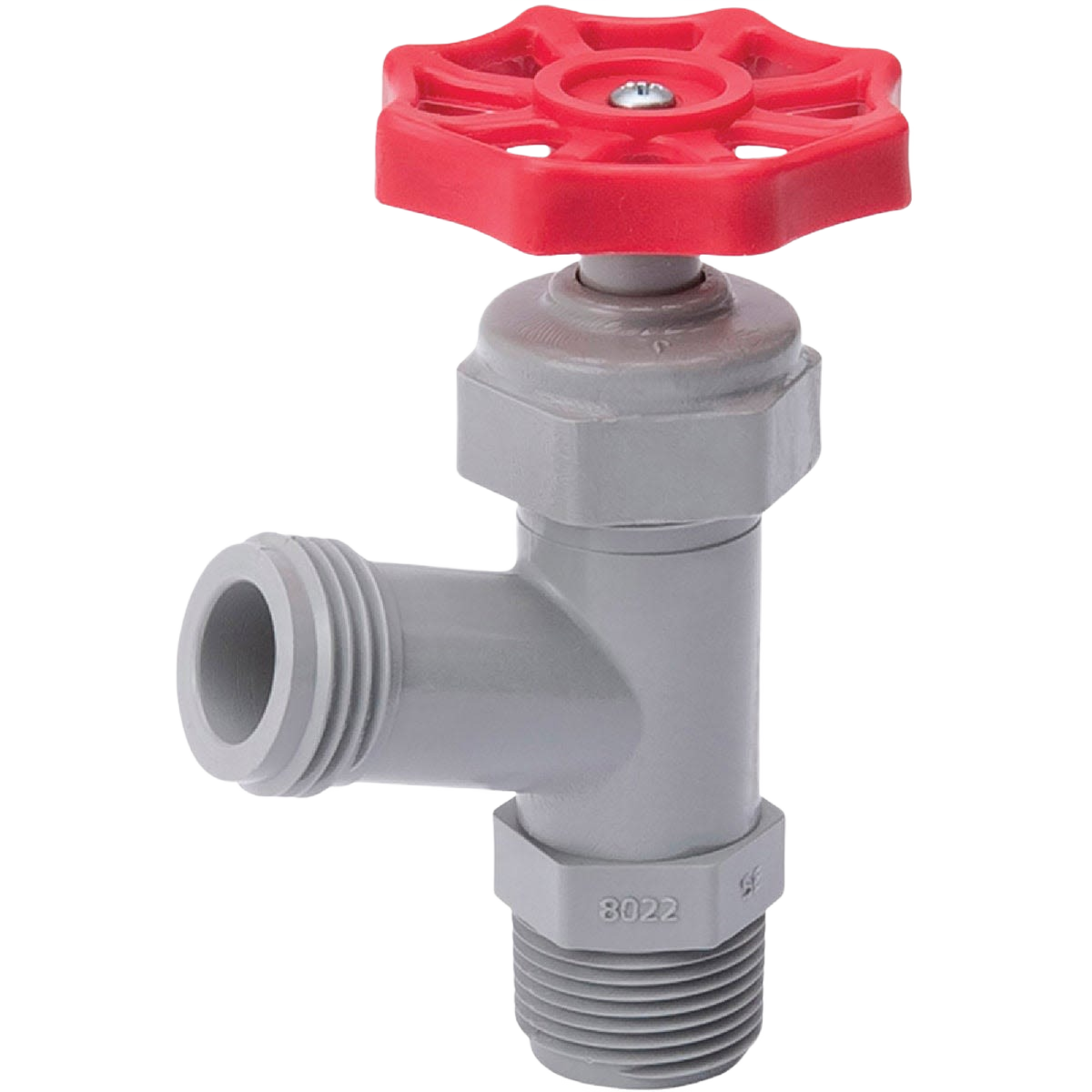 Gray plastic boiler drain valve with red wheel handle for home improvement plumbing applications
