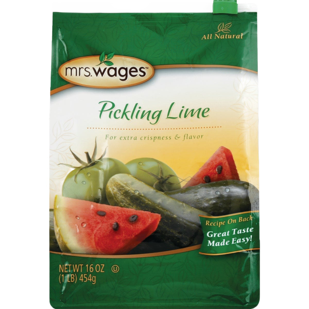 Green and yellow Mrs. Wages pickling lime mix package with images of pickles, tomatoes, and watermelon slices