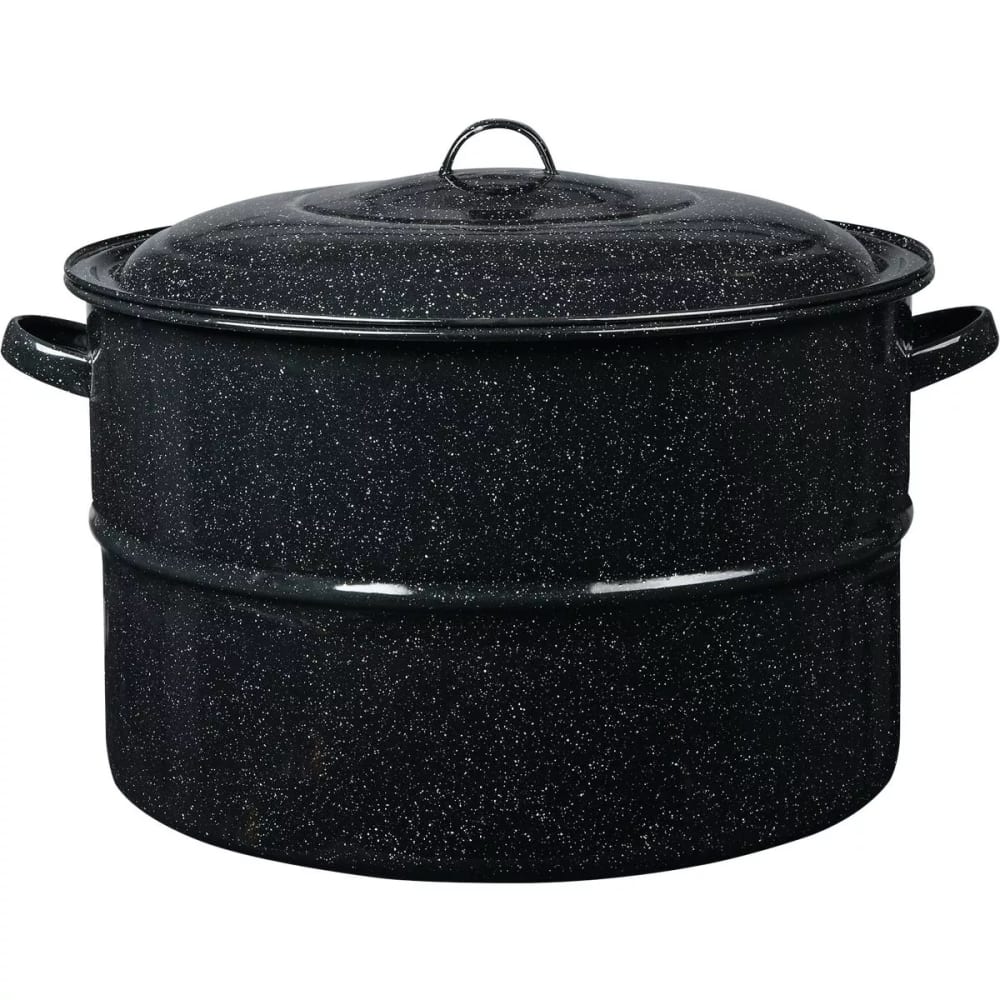 Black speckled steel preserving canner with lid and handles for home kitchen and food preservation use