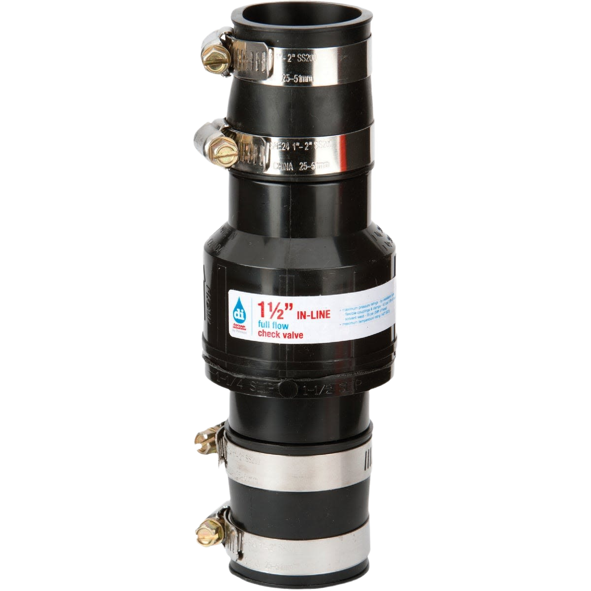 Black ABS thermoplastic in-line check valve with metal clamps for sump pump applications in tools and home improvement tasks