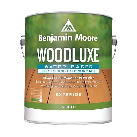Benjamin Moore Woodluxe water-based solid exterior stain for decks and siding with UV and mildew resistance