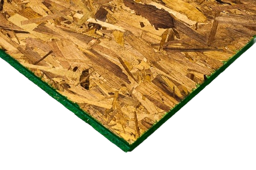 Close-up of oriented strand board panel with tongue and groove edges for construction and home improvement projects