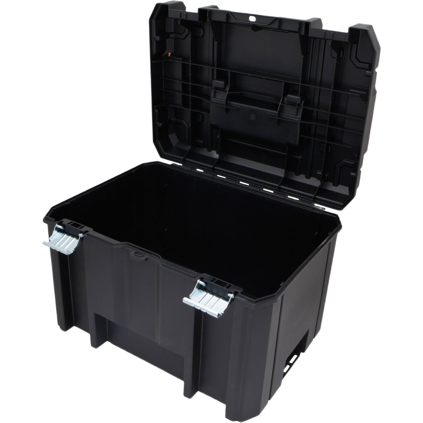 Black heavy-duty plastic deep storage box with metal latches for workshop and jobsite organization under $100 collections
