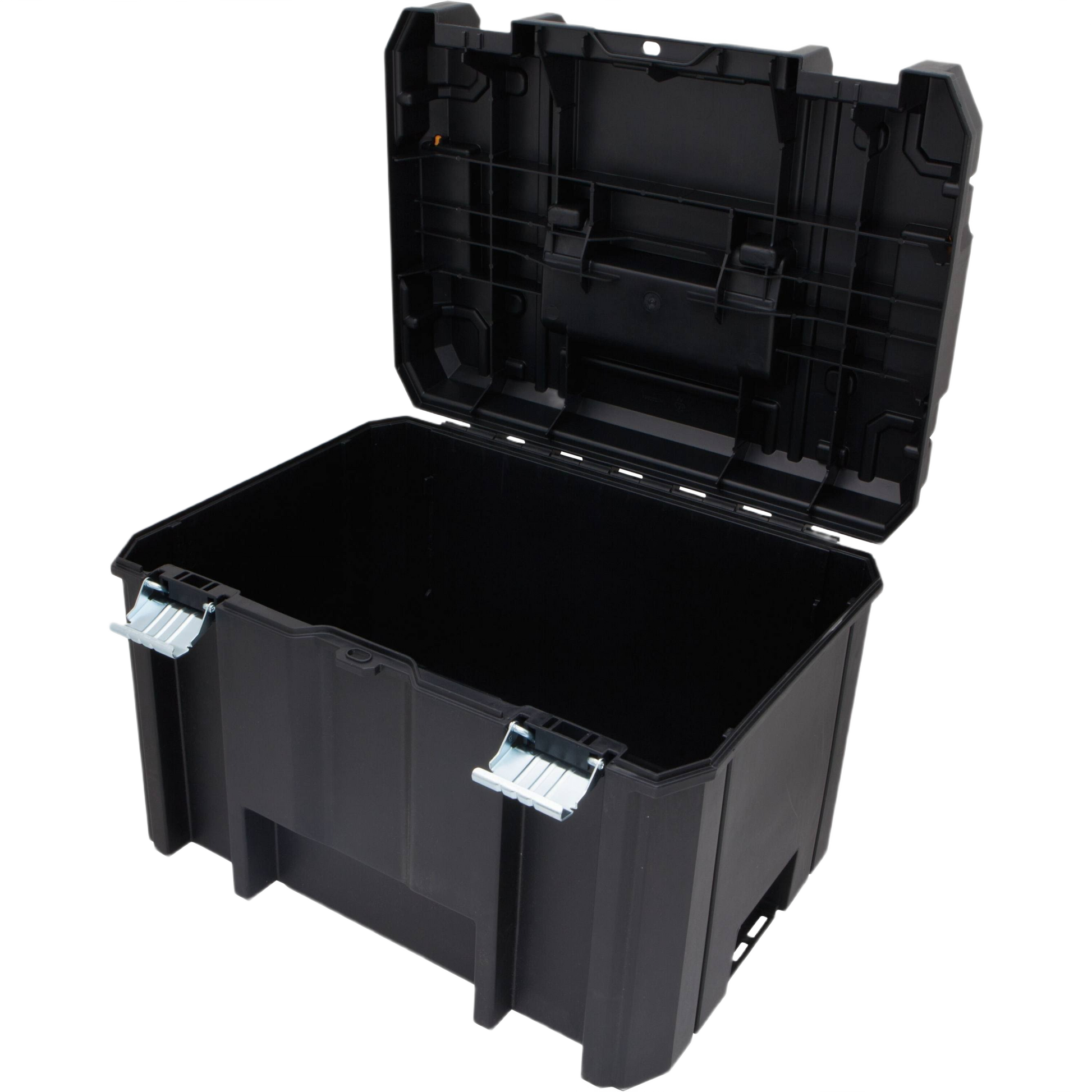 Black heavy-duty plastic deep storage box with metal latches for workshop and jobsite organization under $100 collections