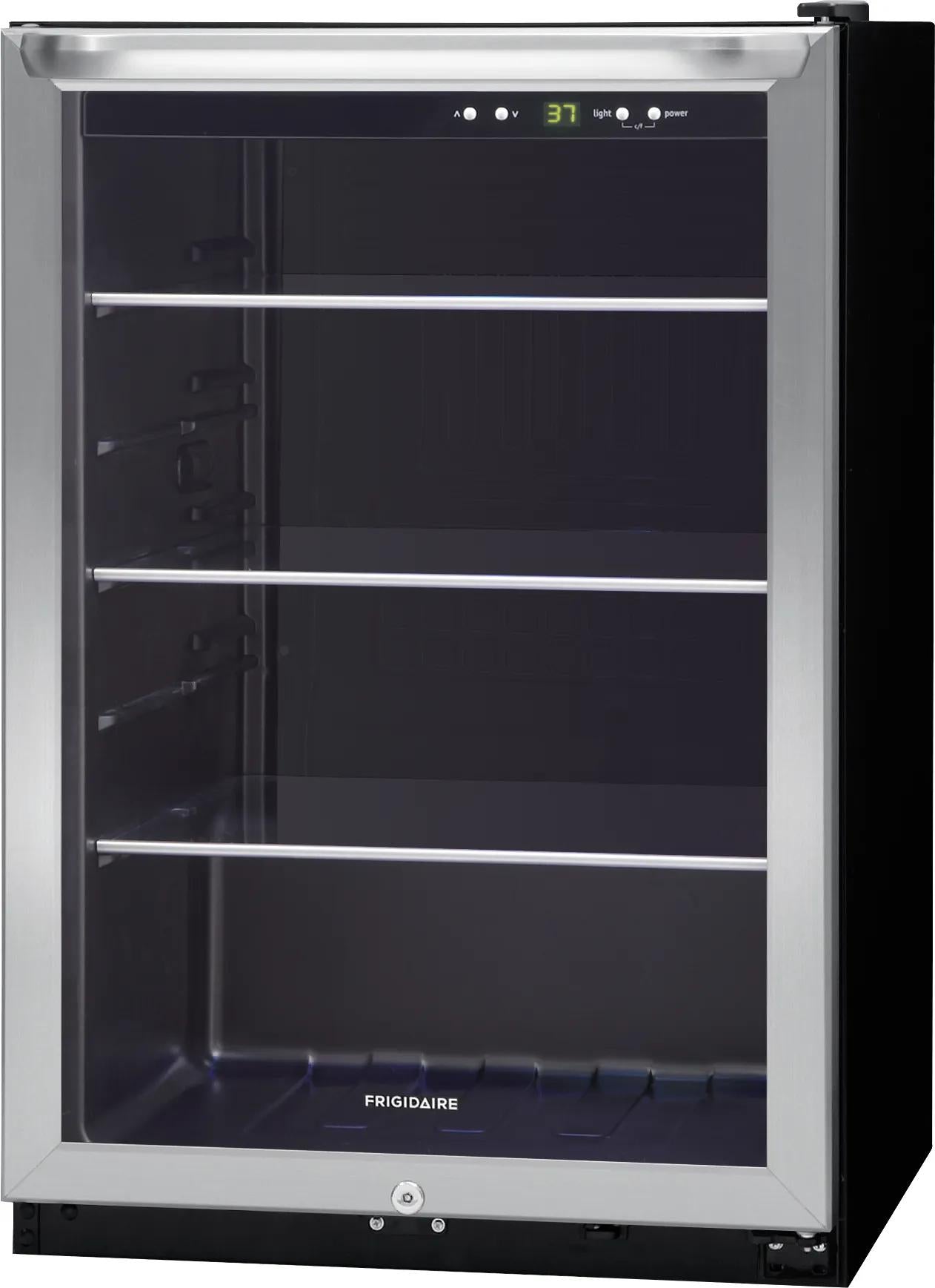 Stainless steel beverage center with glass door, adjustable shelves, and digital temperature display for kitchen appliances collections