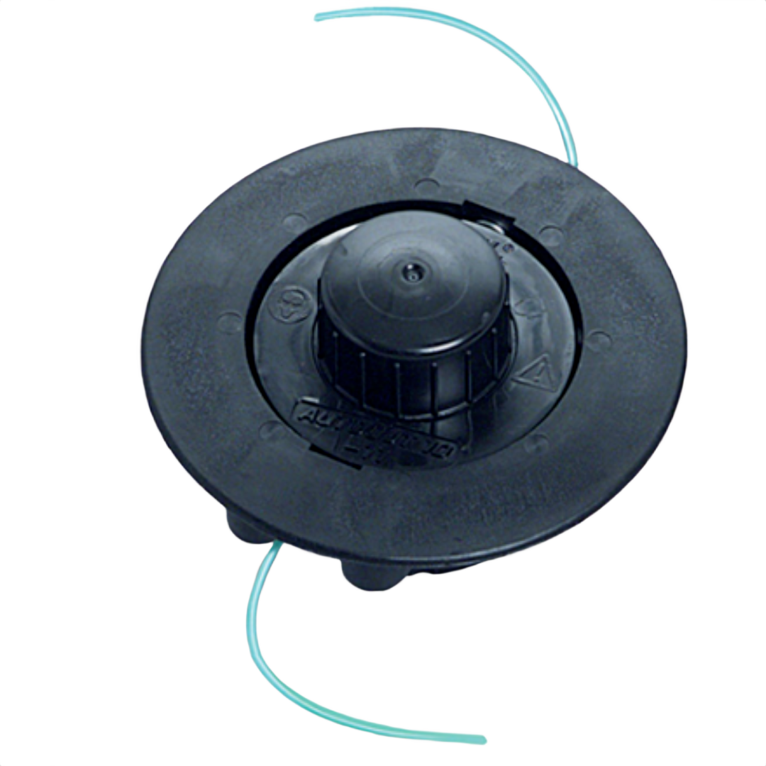Black AutoCut EasySpool trimmer head with blue nylon cutting lines for lawn maintenance tools and home improvement