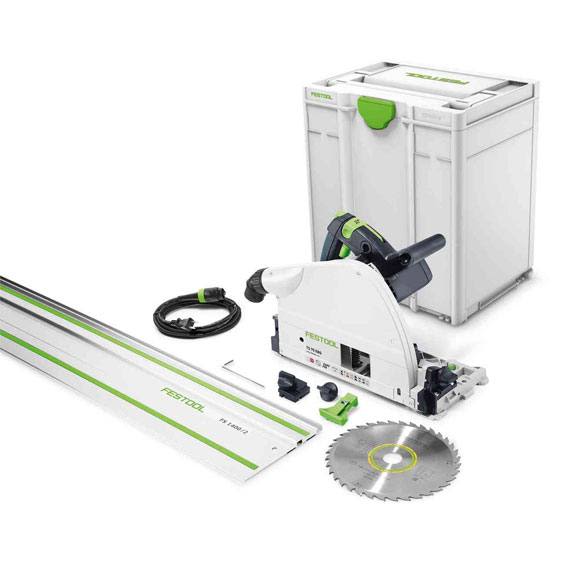 Festool plungecut saw with 75-inch guide rail, circular blade, power cord, and white storage case in power tools collection
