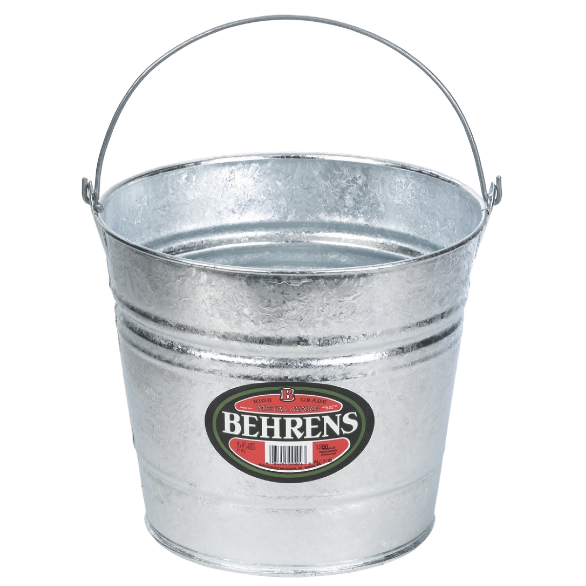 Galvanized steel pail with reinforced wire rim and handle, suitable for cleaning and waste collection tasks