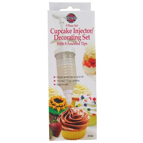 Cupcake injector decorating set with eight interchangeable tips for precise frosting and filling application tasks