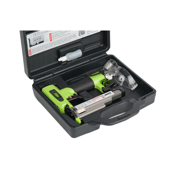 Green and black low-profile headless pinner tool in protective case for precision fastening in home improvement tasks