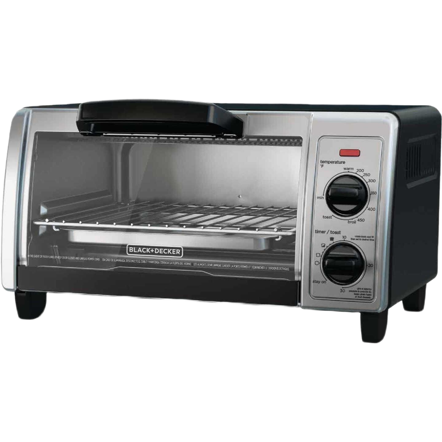 Compact stainless steel 4-slice toaster oven with temperature and timer dials, part of small kitchen appliances under $100 collections