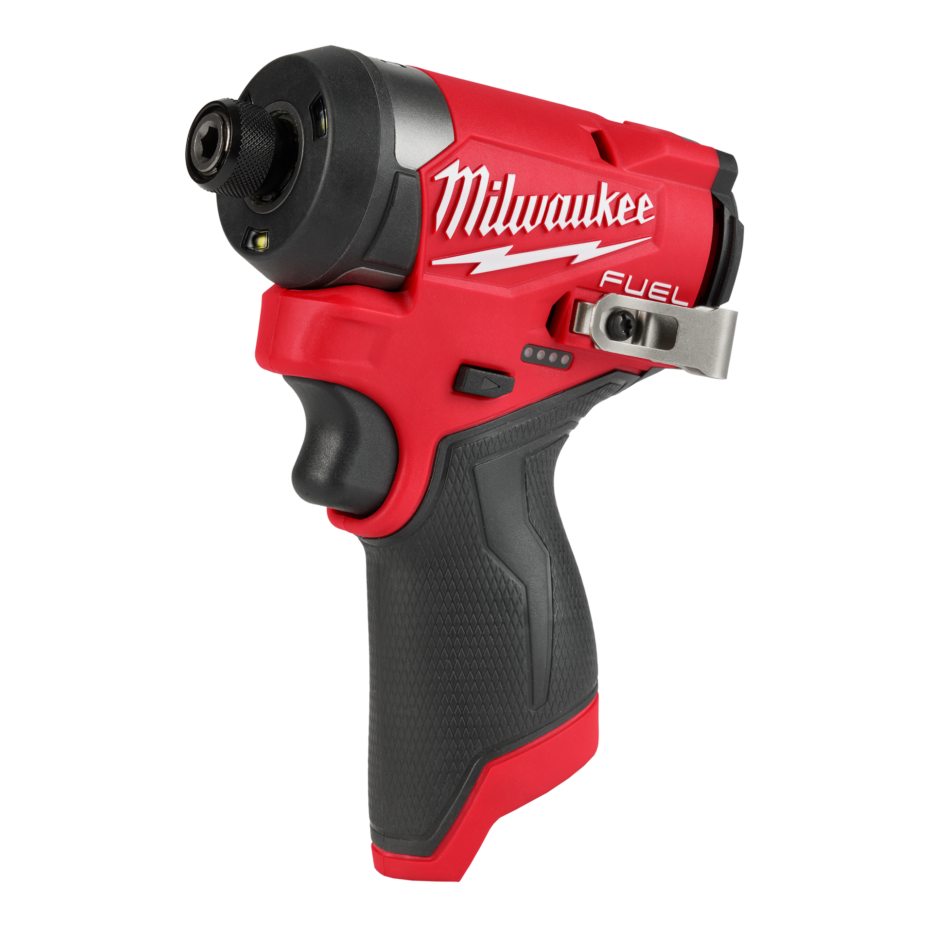 Compact red and black cordless impact driver with textured grip and metal belt clip for home improvement projects