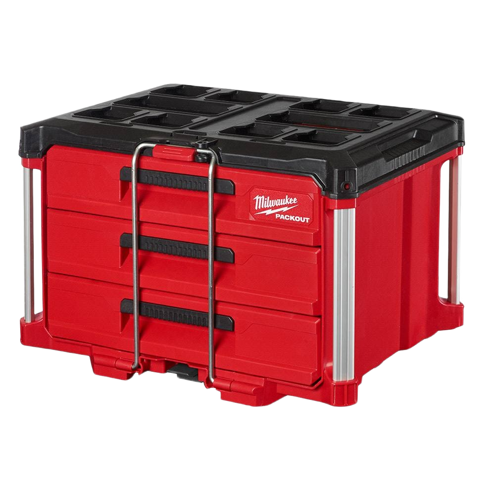 Red and black Milwaukee PACKOUT modular 3-drawer tool box for workshop and jobsite storage organization