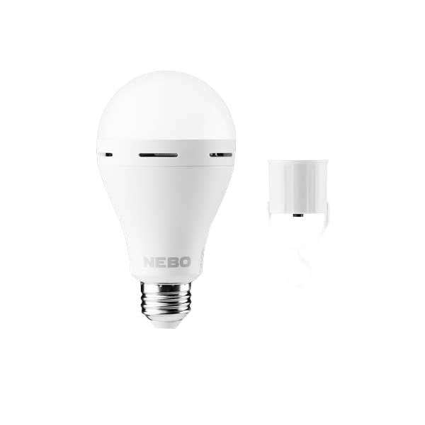 White emergency light bulb with ventilation slots and screw base beside a detachable hanging hook for home improvement use
