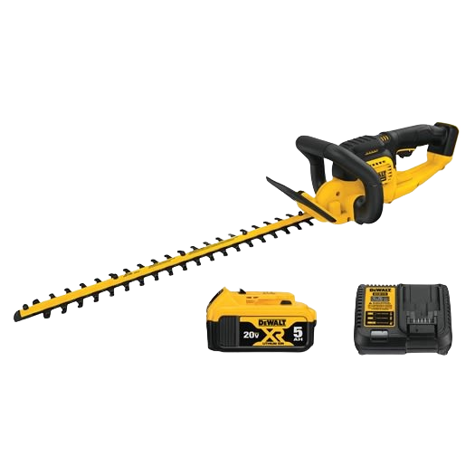Cordless yellow and black lithium-ion hedge trimmer with battery and charger for home improvement tools