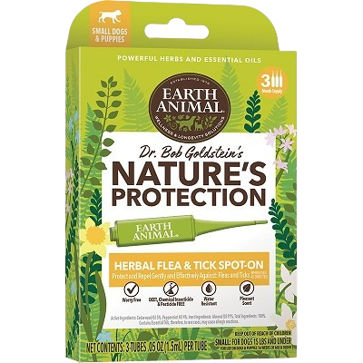 Green and yellow packaging of herbal flea and tick spot-on treatment for small dogs in Pet & Animal collection