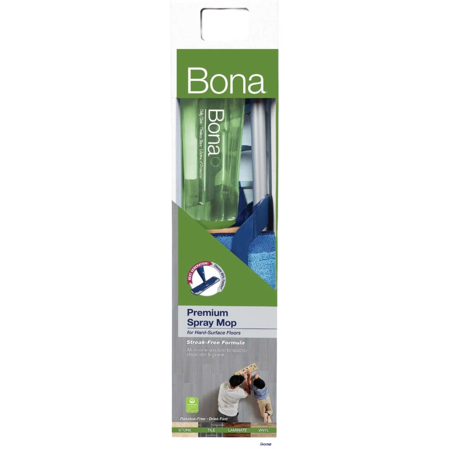 Green Bona spray mop with refill bottle and microfiber pad for stone, tile, and laminate floor cleaning in home improvement.