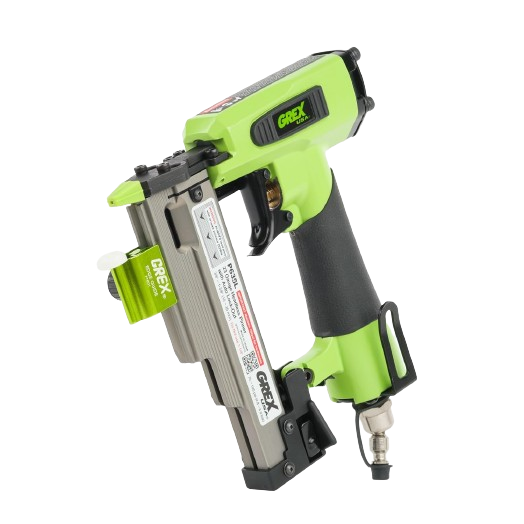 Green and black Grex headless pinner tool for precise fastening in woodworking and home improvement projects