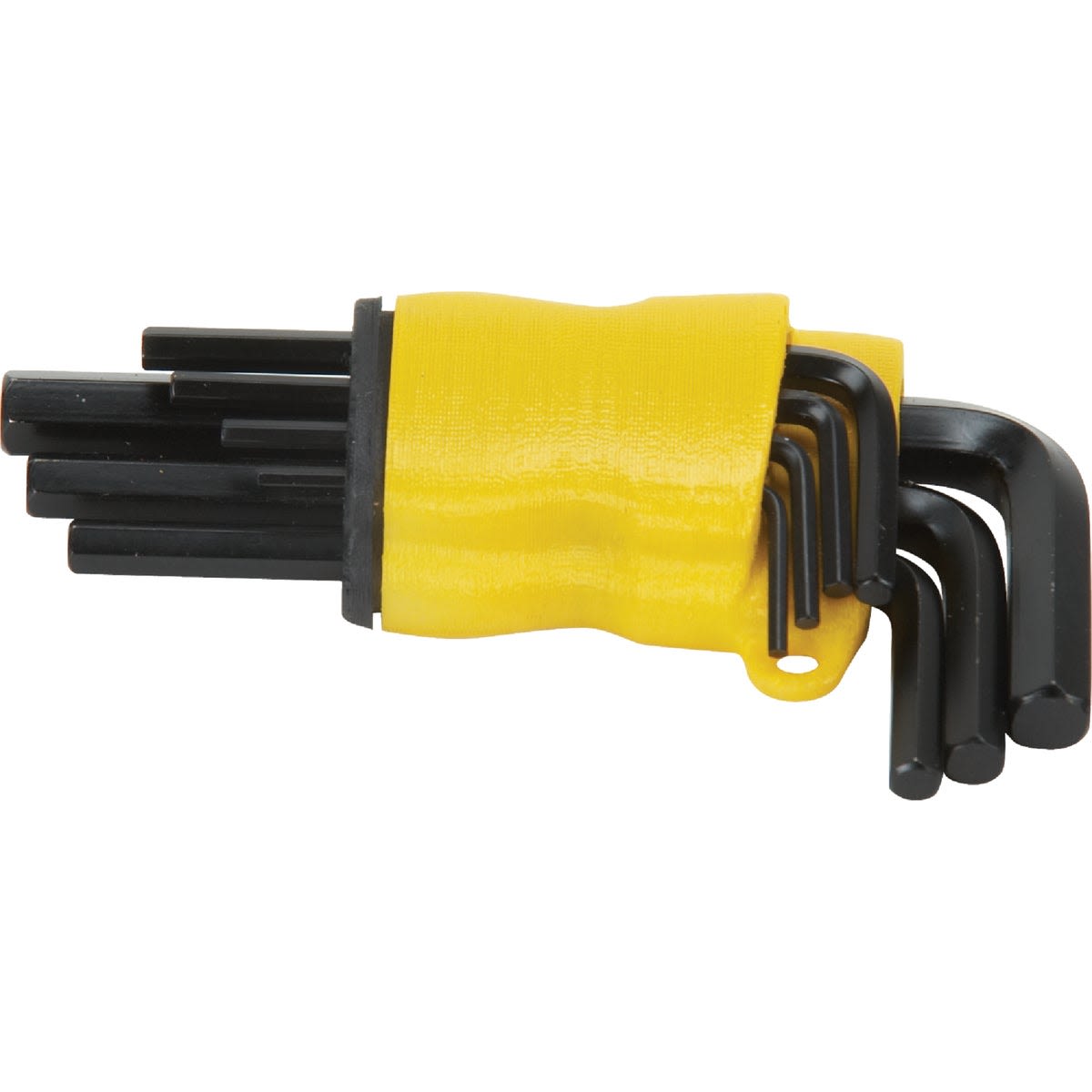 Set of seven black metric short arm hex keys organized in a yellow holder for tools and home improvement projects