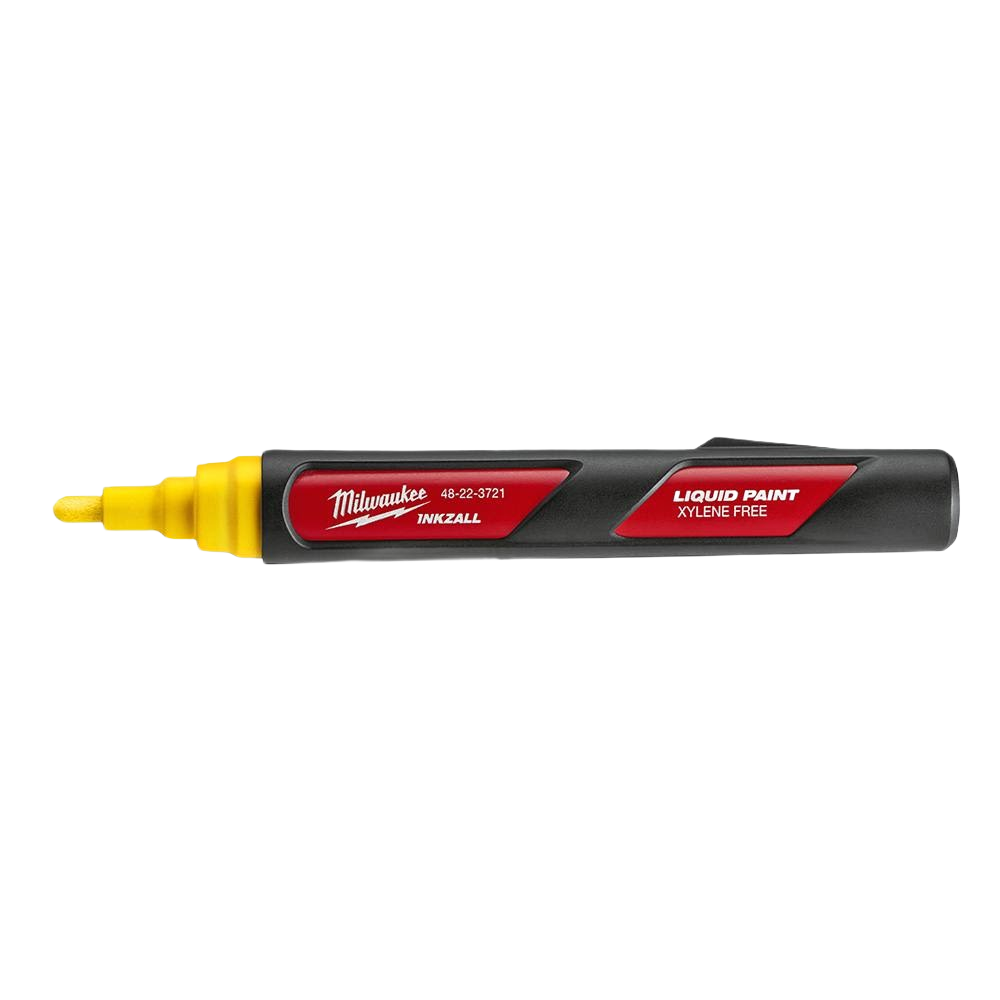Black and red liquid paint marker with yellow tip for precision marking in tools and home improvement projects