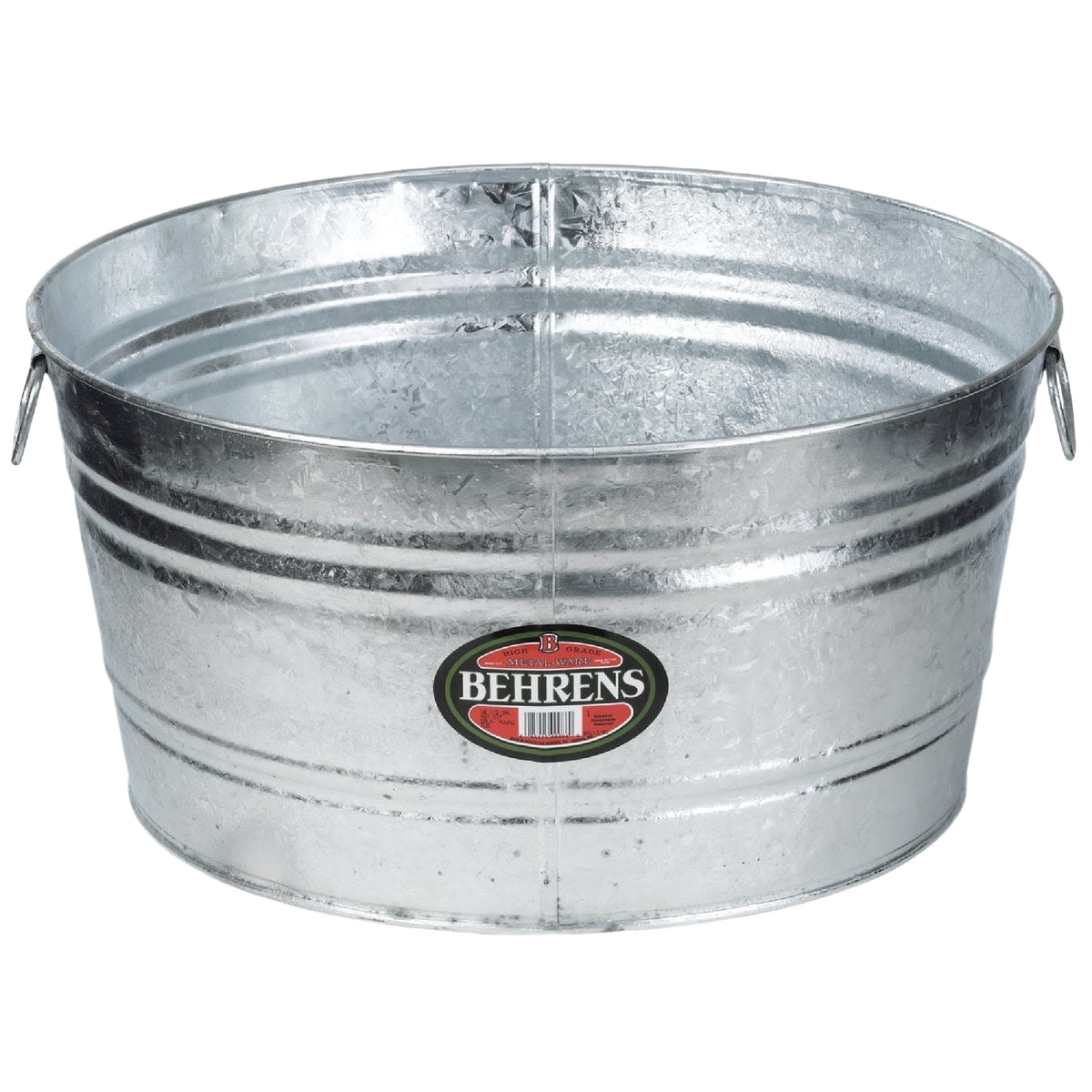 Galvanized steel round utility tub with side handles for heavy-duty cleaning, waste, and recycling use