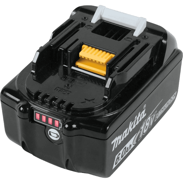Black Makita 18V LXT lithium-ion power tool battery with 6.0Ah capacity and LED charge indicator light