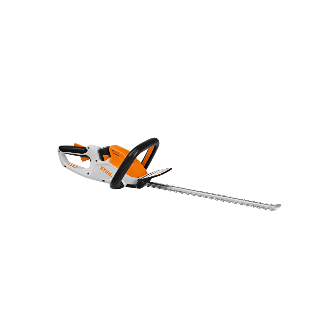 Orange and white cordless hedge trimmer with long dual-action blades and ergonomic handles for home improvement tasks