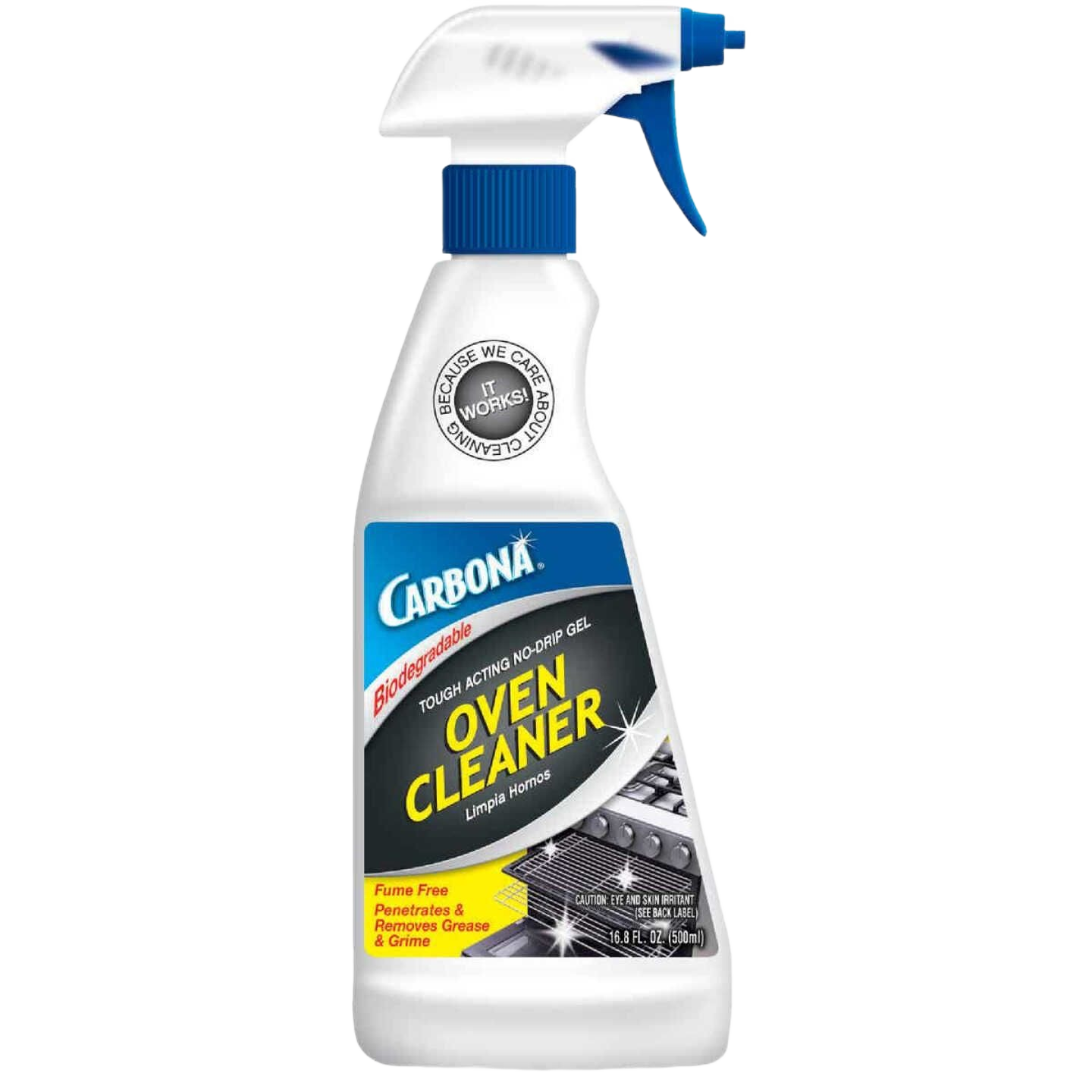 Spray bottle of biodegradable oven cleaner designed to remove grease and grime from ovens in cleaning supplies.