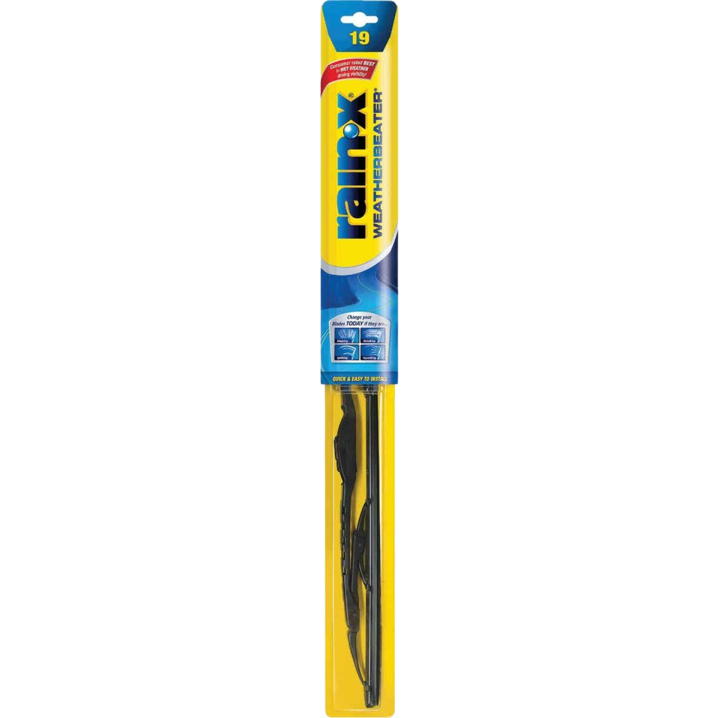 Yellow and blue packaged 19-inch Rain-X Weatherbeater wiper blade designed for home improvement and automotive use