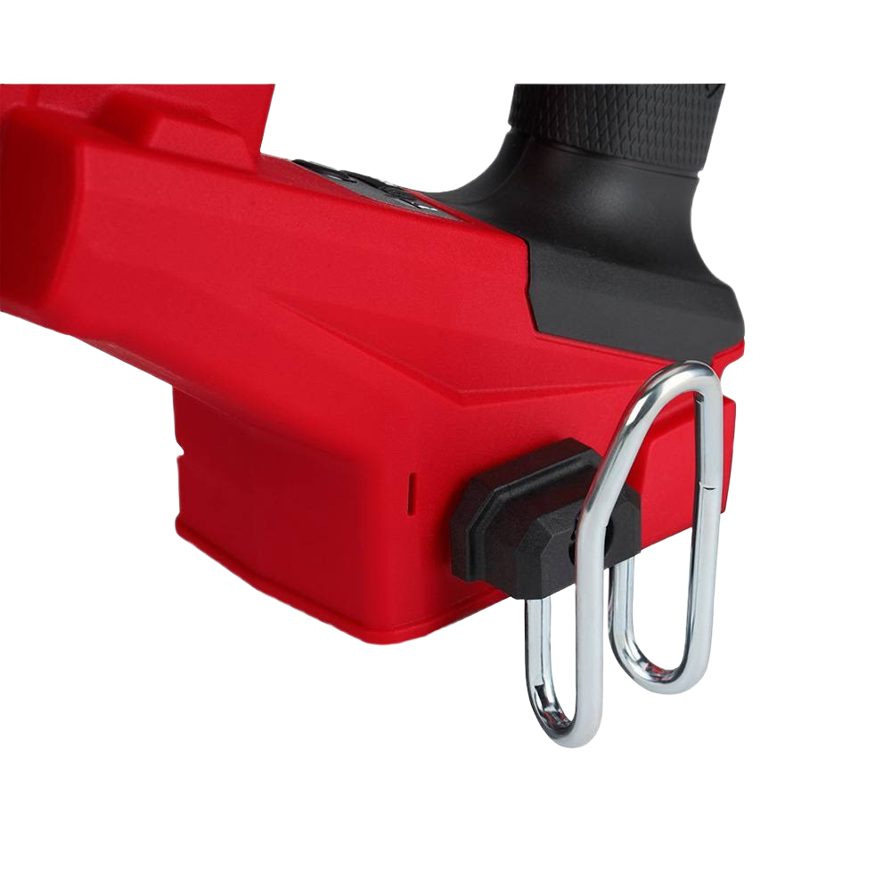 Red and black power tool nail gun with metal belt hook for fastening and woodworking projects at Hartville Hardware