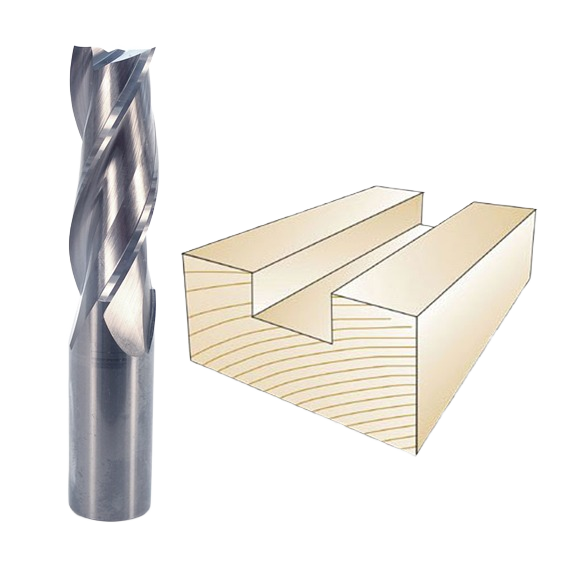 Three flute spiral upcut bit next to a wooden groove cut, for use with power tool accessories and woodworking tools