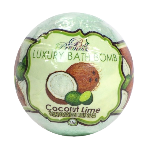 Round luxury bath bomb with coconut and lime illustration in green and brown packaging for personal care use